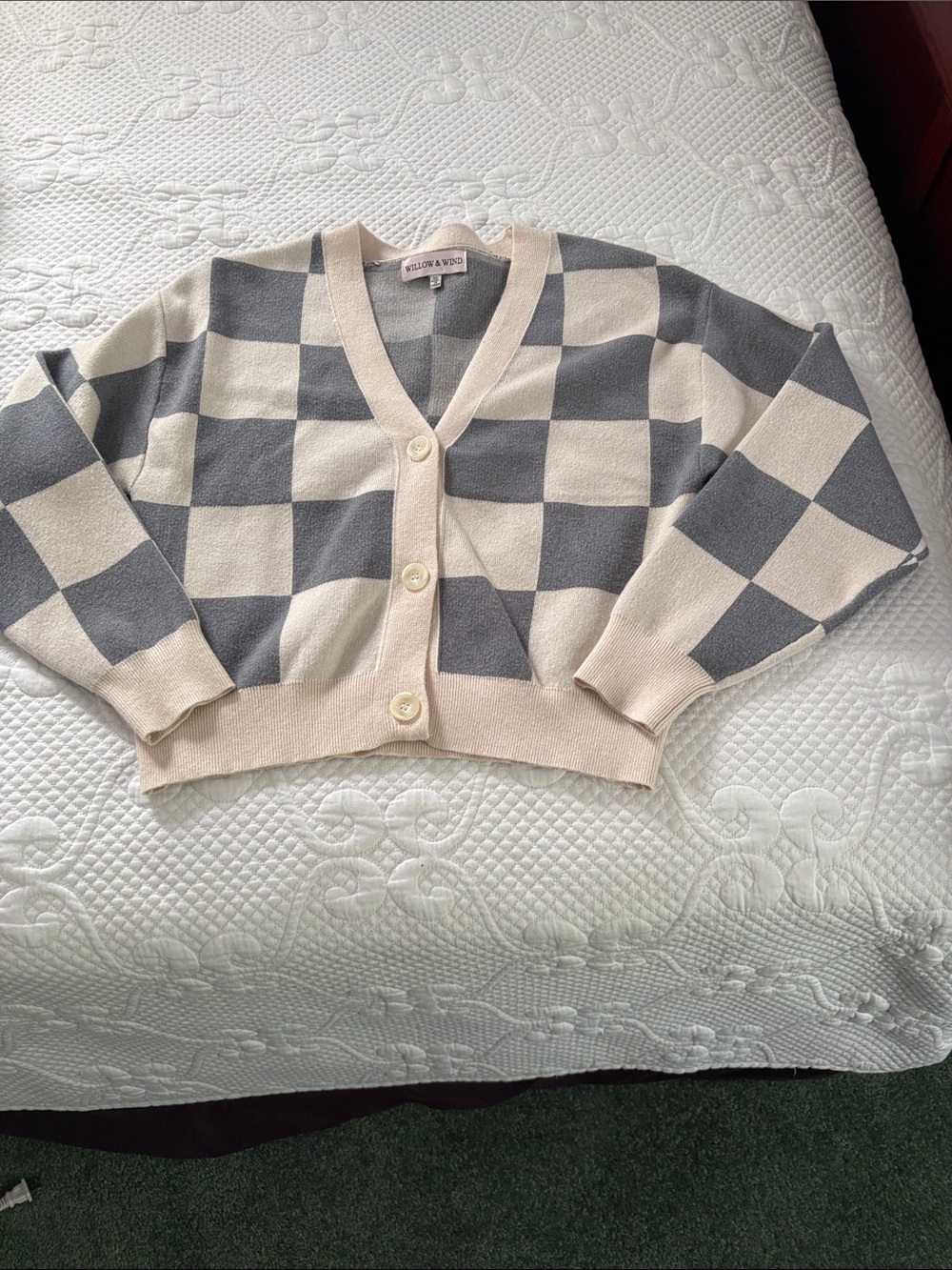 Cropped Checkerboard Button-Front Cardigan in Cream and Gray